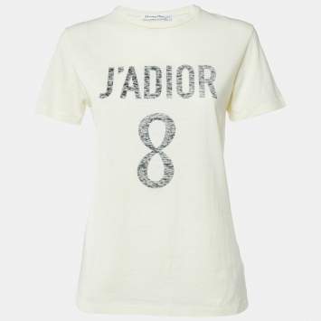 Pre Owned Dior Cream J'Adior 8 Print Cotton & Linen Crew Neck T-Shirt XS 