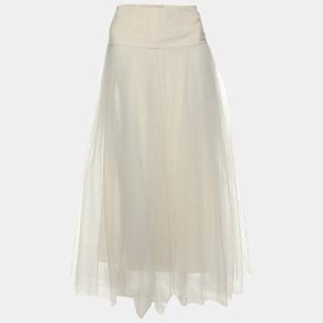Pre Owned Dior Cream Textured Tulle Overlay Gathered Midi Skirt S