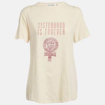 مملوكة مسبقًا Dior Cream Printed Cotton and Linen Crew Neck T-Shirt L