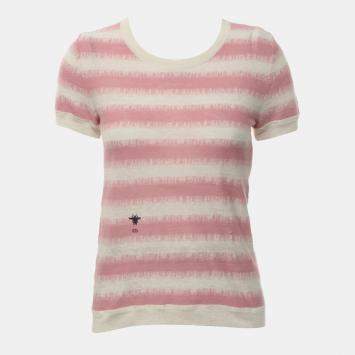 Pre Owned Dior Pink/Cream Striped Bee Embroidered T-Shirt IT 38