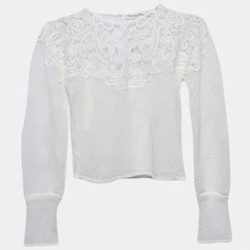 Christian Dior White Cotton Crochet Long Sleeve Top L