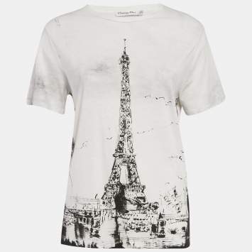 Pre Owned Christian Dior White Eiffel Tower Print Jersey T-Shirt S
