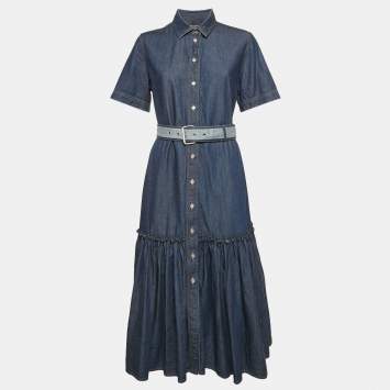Pre Owned Christian Dior Blue Denim Belted Flounce Midi Dress M