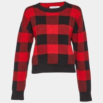 Pre Owned Dior Red/Black Checked Cashmere Crew Neck Sweater S