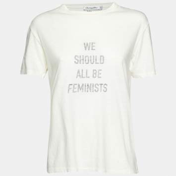مملوكة مسبقًا Dior Ivory Slogan Print Cotton & Linen Crew Neck T-Shirt M