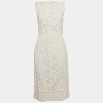 Pre Owned Christian Dior Ivory Broderie Anglaise Crepe Sleeveless Shift Dress L