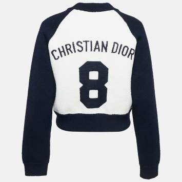 Pre Owned Dior Navy Blue/White Wool Knit Raglan Sleeve Bomber Jacket M