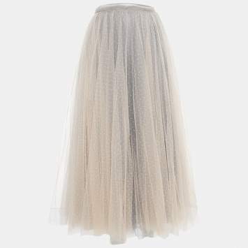 Pre Owned Christian Dior Light Pink & Grey Polka Dot Tulle Maxi Skirt S