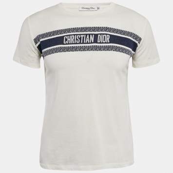 Pre Owned Dior White Logo Jacquard Cotton Knit T-Shirt M