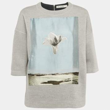 Christian Dior Grey Floral Silk Applique Wool Sweatshirt S