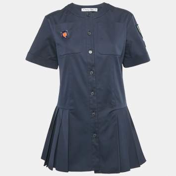 Christian Dior Navy Blue Applique Detail Pleated Mini Dress M