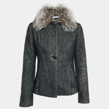Pre Owned Dior Black Wool Blend Detachable Fur Button Front Jacket M