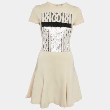Christian Dior Cream Sequin Embellished Wool Jersey Flared Mini Dress S