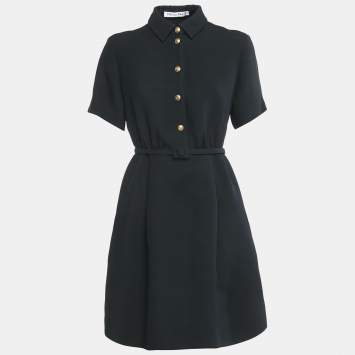 Pre Owned Christian Dior Black Wool Belted Mini Dress M