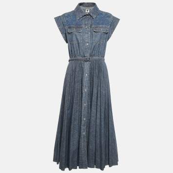 Dior Blue Butterfly Embroidery Denim Belted Button Front Long Dress L