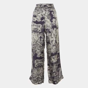 Pre Owned Dior Navy Blue Toile de Jouy Print Silk Pants M