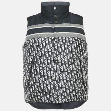 Pre Owned Dior Navy Blue Oblique Jacquard Zip-Up Reversible Puffer Vest Jacket S