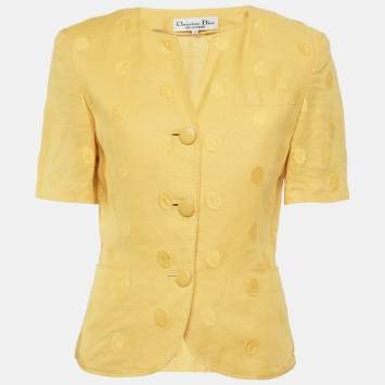 Pre Owned Christian Dior Pret a Porter Yellow Jacquard Pleated Blouse M