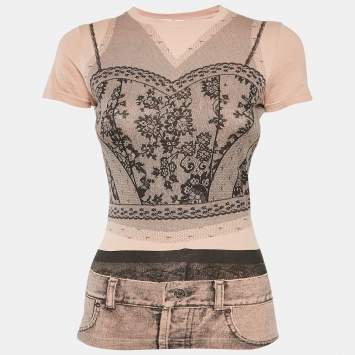 Pre Owned Christian Dior Boutique Peachy Beige Trompe l'oeil Print Cotton T-Shirt S