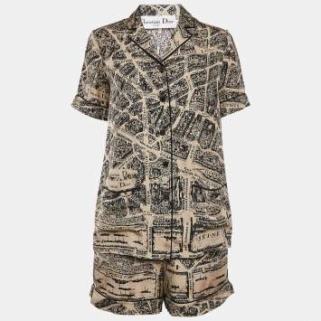 Pre Owned Christian Dior Beige Printed Silk Shirt and Shorts Set S