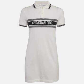 Pre Owned Christian Dior White/Blue Logo Jersey Polo T-Shirt Dress S