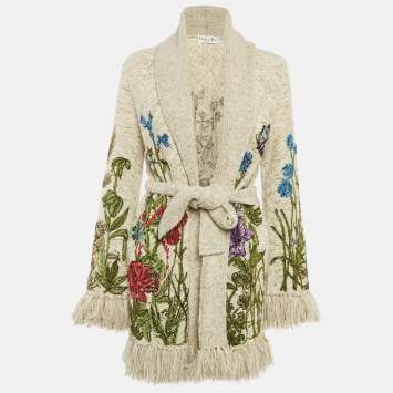 Pre Owned Christian Dior Beige Floral Embroidered Knit Fringed Cardigan S