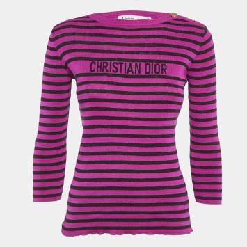 Pre Owned Christian Dior Pink/Black Striped Logo Intarsia Knit Sweater L