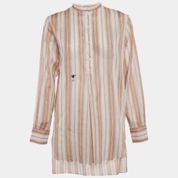 Christian Dior White/Peach Striped Cotton Voile Tunic S