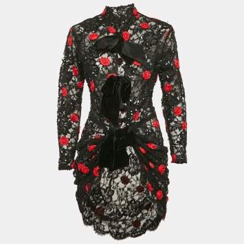 Pre Owned Dior Vintage Black Rose Applique Sequined Lace Bow Detail Short Dress M