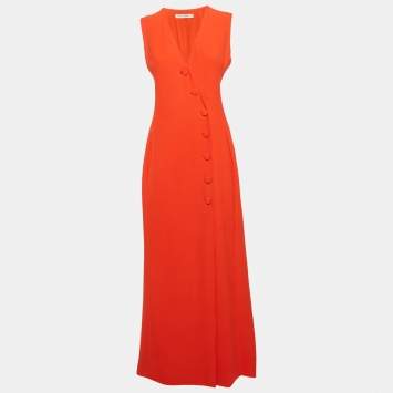 Pre Owned Christian Dior Orange Silk Blend Double Breasted Sleeveless Maxi Dress M