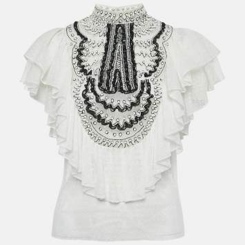 Christian Dior White Beaded Tulle Ruffle Detail Blouse S