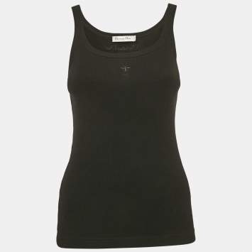 Dior Black Logo Embroidery Cotton Rib Knit Tank Top S