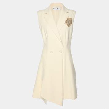Pre Owned Dior Cream Silk Blend Badge Embellishment Double Breasted Coat Dress M