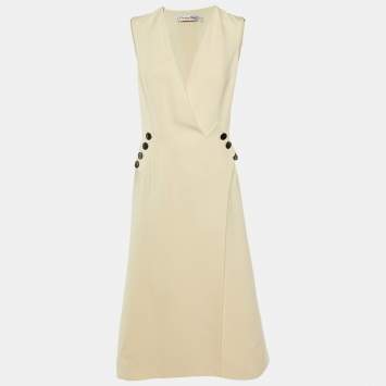 Pre Owned Christian Dior Cream Wool Crepe Sleeveless Blazer Long Dress M