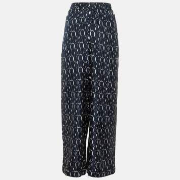 Christian Dior Blue Monogram Print Silk Straight Leg Trousers M