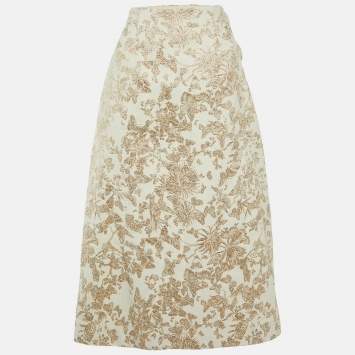 Christian Dior White/Gold Brocade Midi Skirt M