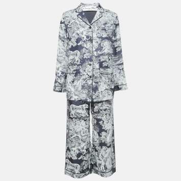 Pre Owned Dior White/Navy Blue Toile de Jouy Print Silk Pants & Top Set S