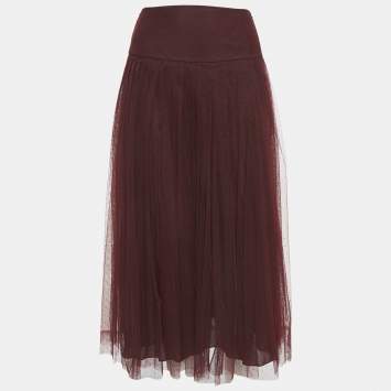 Dior Burgundy Dot Flock Print Tulle Pleated Midi Skirt S