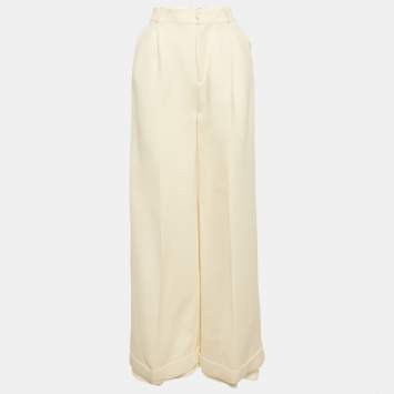 Pre Owned Christian Dior Cream Wool Wide-Leg Trousers S