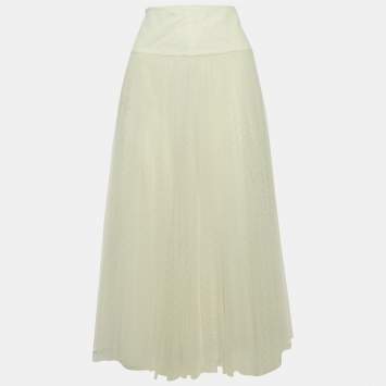 Pre Owned Christian Dior White Tulle Pleated Midi Skirt S