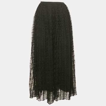 Pre Owned Christian Dior Black Silk Lace Pleated Midi Skirt S