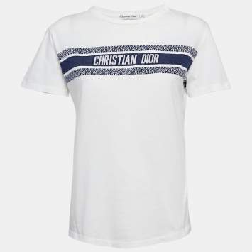 Pre Owned Christian Dior White Logo Intarsia Jersey T-Shirt S