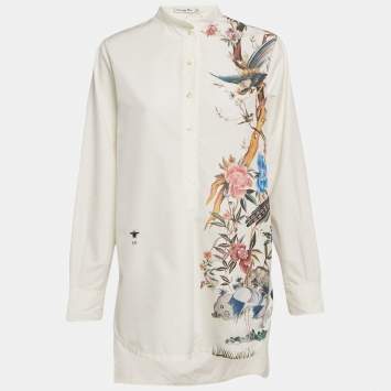 Pre Owned Christian Dior Off White Floral Print Cotton Pleated Shirt Dress S