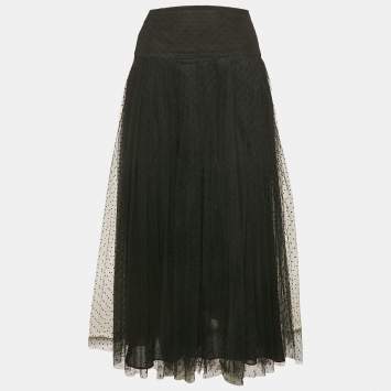 Dior Black Dotted Tulle Pleated Midi Skirt M
