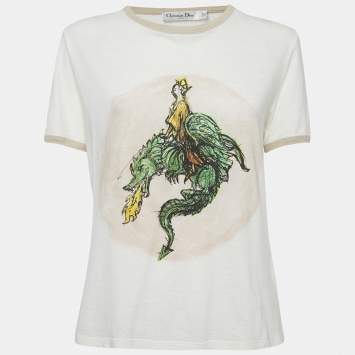 Dior Off-White Princess-Dragon Print Cotton Knit Top M