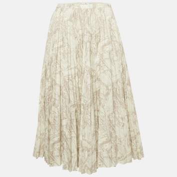 Dior Off-White Printed  Cotton Pleated Midi Skirt S