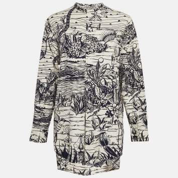 Christian Dior White/Blue Cotton Printed Tunic Top L