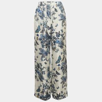 Dior White/Blue Printed Silk Wide Leg Pants M