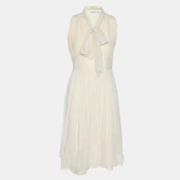 Pre Owned Dior Cream Silk Midi Dress M