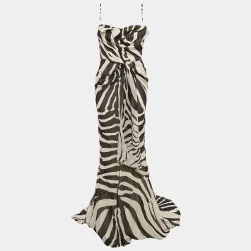 Pre Owned Christian Dior Black & White Printed Silk Draped Maxi Dress L
